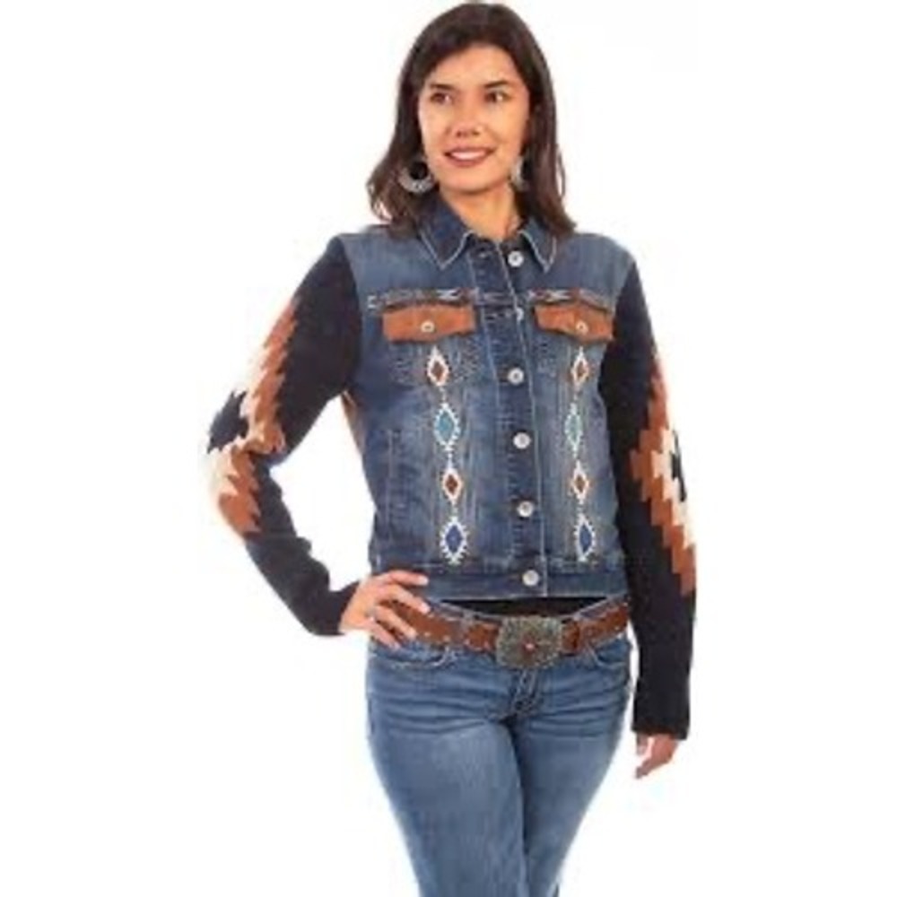 Scully Womens Southwestern Denim Jacket Knit Sleeves Suede Trim Blue Small MS445